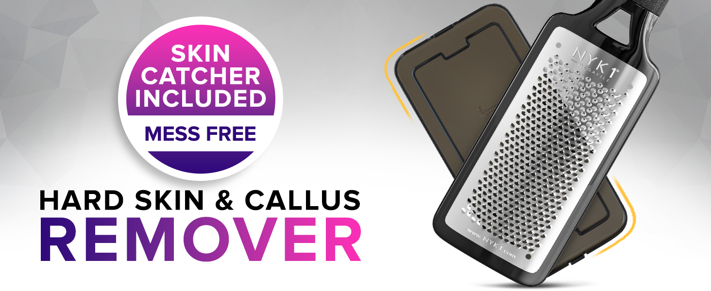 Foot callus remover with metal grater surface and skin catcher attachment, labeled as 'Hard Skin & Callus Remover' with mess-free feature.