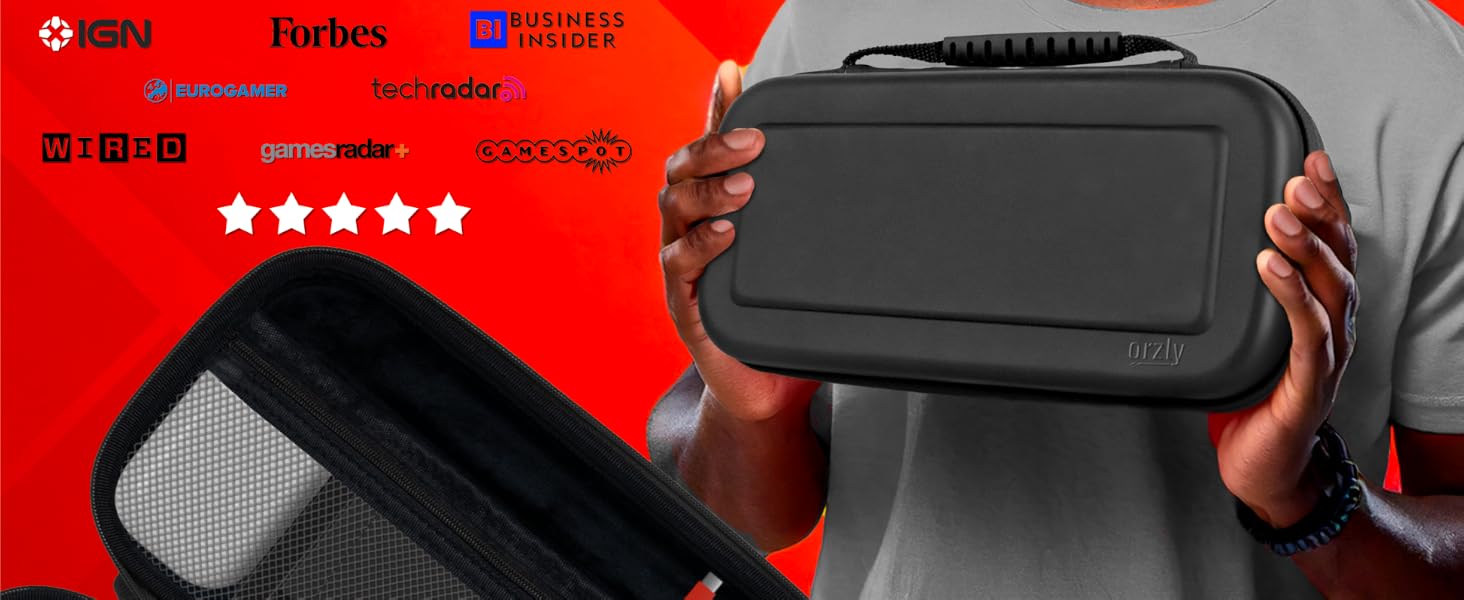 A man holding an Orzly Nintendo Switch 2 Case that can hold your Switch 2 and Switch 2 accessories