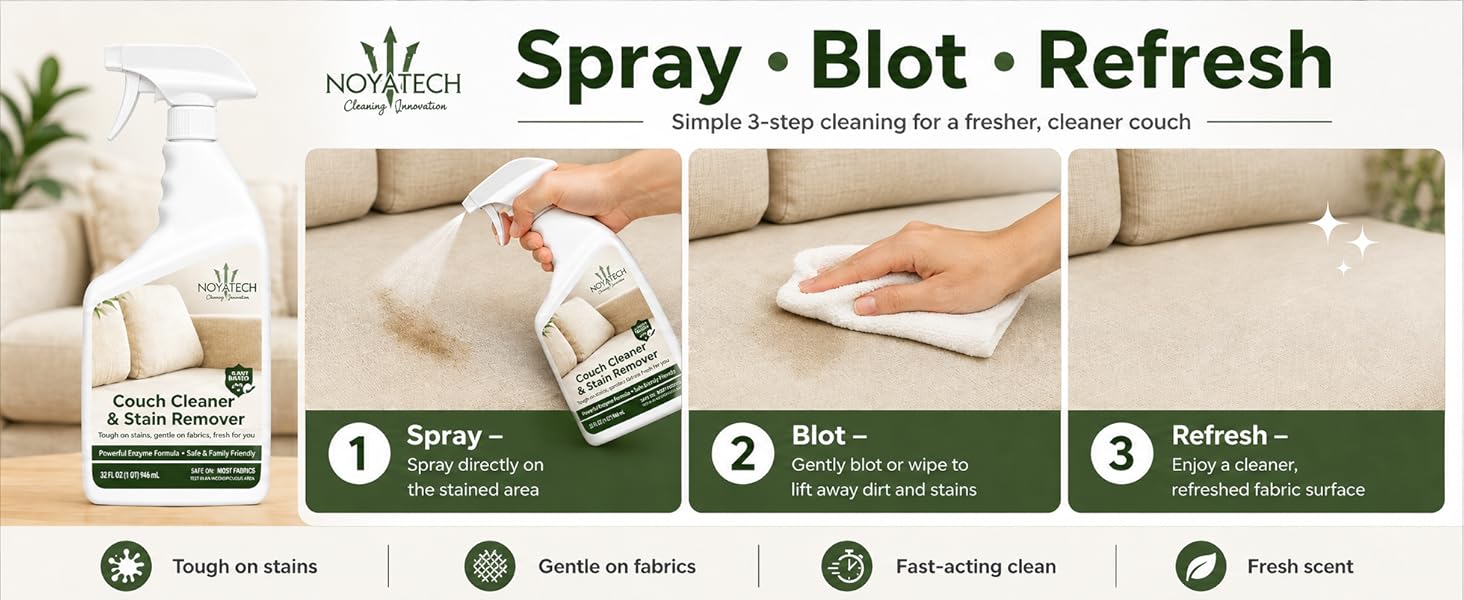 Three-step couch cleaning instructions – spray the stain, scrub with a cloth, refresh the fabric