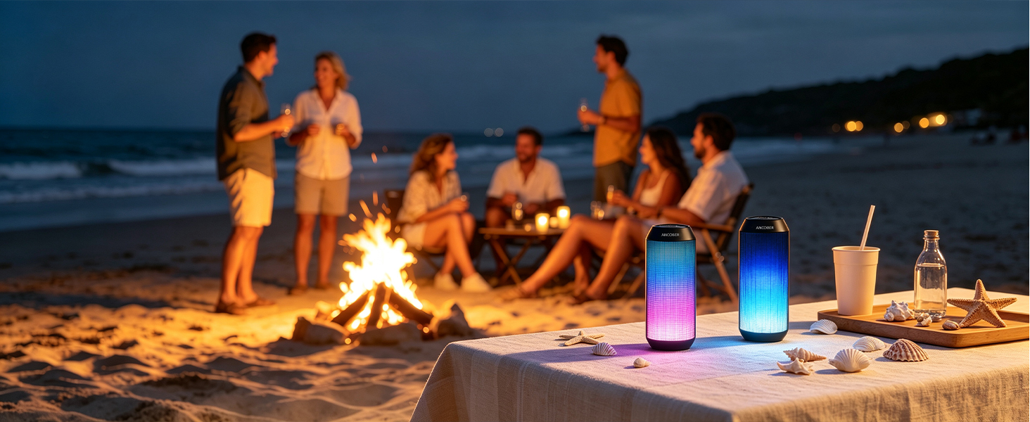 This portable speaker with RGB LED lights is IPX4 wateroroof, is outdoor & beach essentials