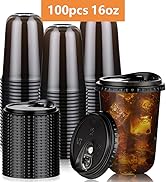 KesaPlan 100 Pack 16oz Black Plastic Cups with Lids, Disposable Round Bottom Stemless Glasses wit...