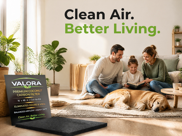 Family enjoying cleaner indoor air with VALORA premium coconut carbon filter