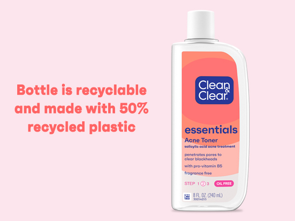 bottle of Clean & Clear Essentials Acne Toner on coral colored background, bottle is recyclable