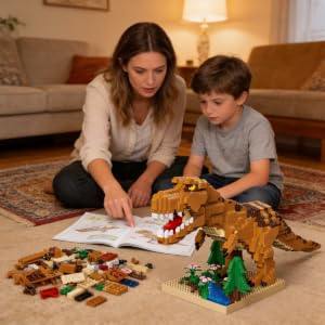 Yellow T-Rex micro building blocks 2500 pieces 14 inch dinosaur jungle diorama.