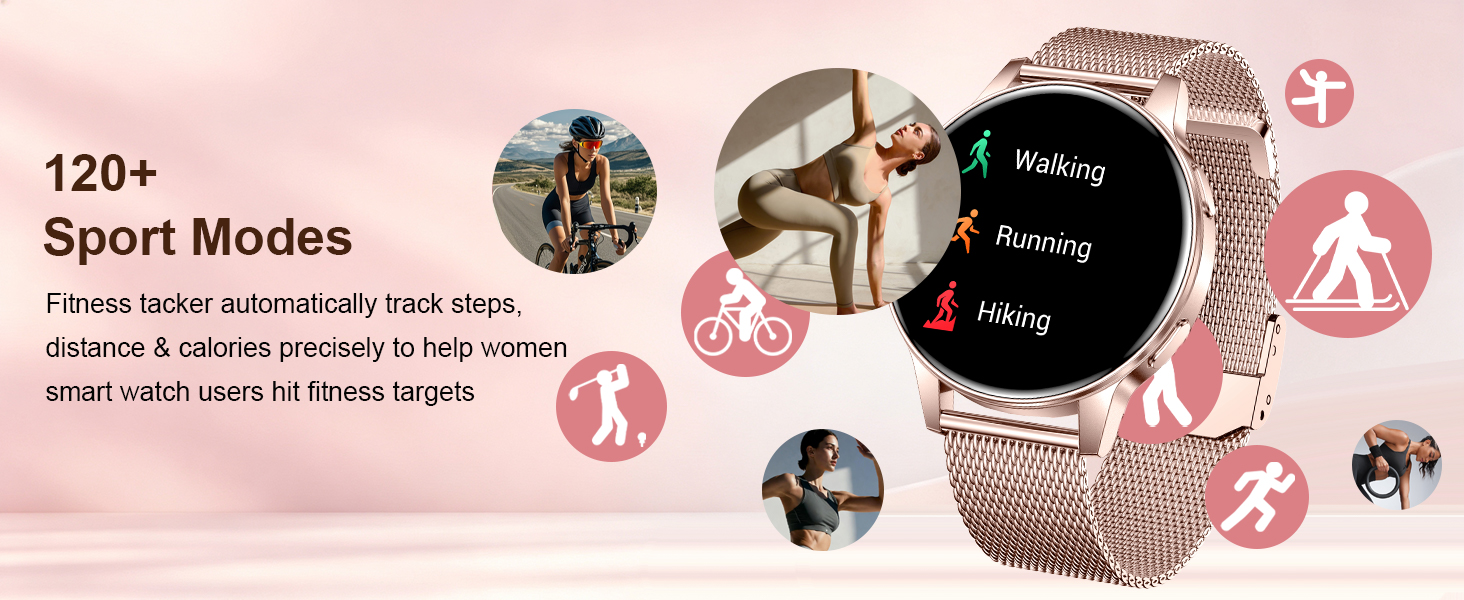 Text reads '120+ Sport Modes'. Smartwatch with rose gold metal band displaying black face, surrounded by circular icons showing various athletic activities and health tracking features.