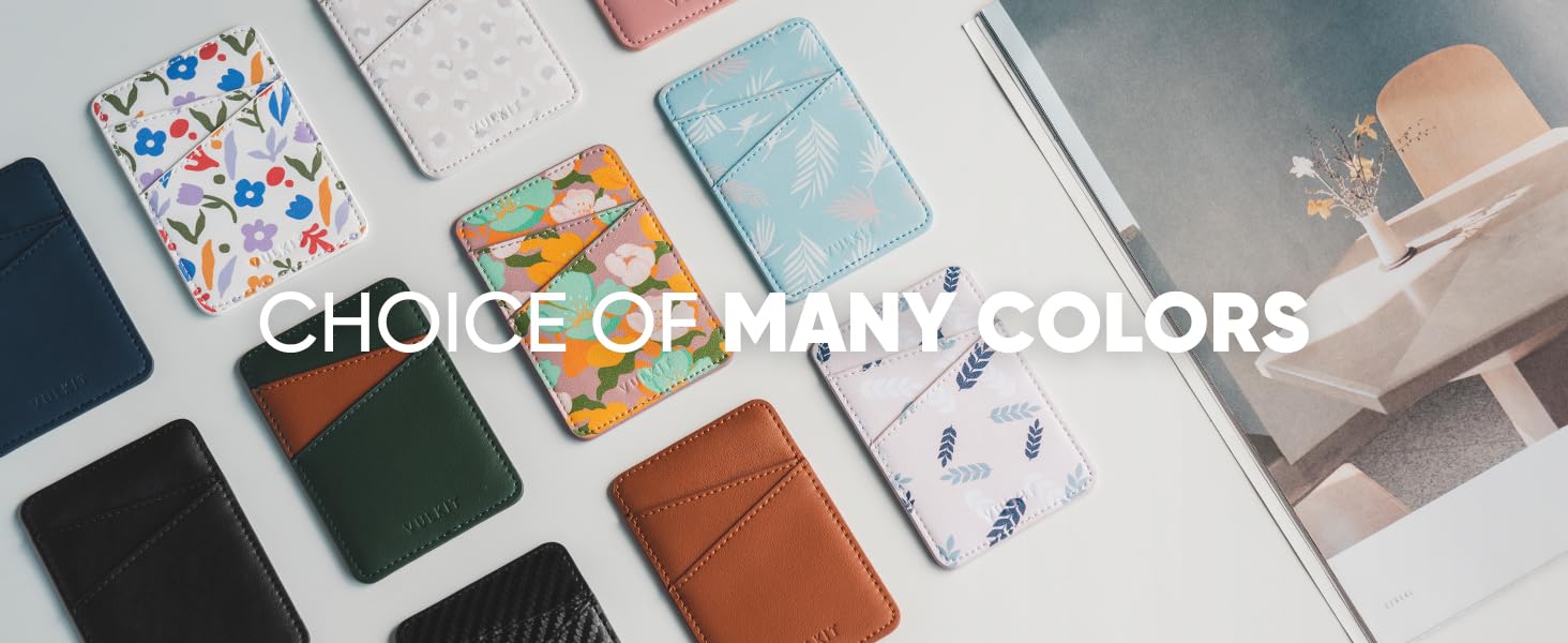 Various slim card holders displayed in multiple colors and patterns, including floral, solid, and abstract designs. Text overlay reads 'CHOICE OF MANY COLORS'.