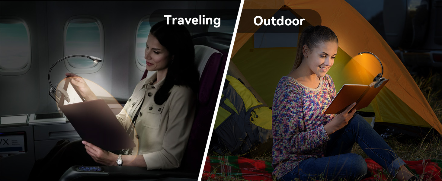 Split image showing two reading scenarios: person using a light while traveling, and someone reading in a tent outdoors at night.