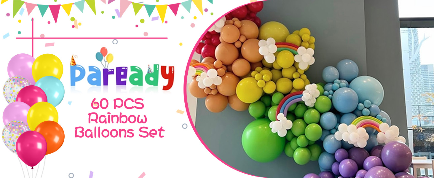 Colorful balloon set featuring 60 rainbow-colored balloons. Image shows inflated balloons arranged in an arch shape, with smaller balloons and flower-shaped decorations interspersed.