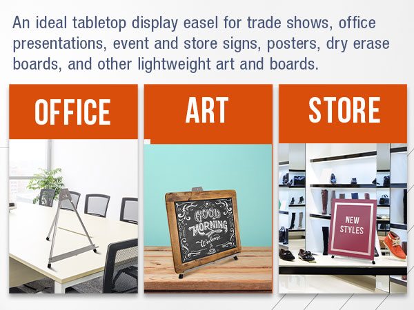 Tabletop display easel for office charts, art boards, and store signs, ideal for events and shows