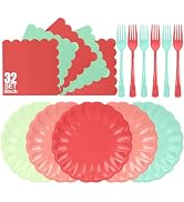 96Pcs Pastel Plates and Napkins Party Supplies,9" Scalloped Cololrful Paper Plates Napkins Forks,...