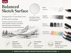 White drawing paper surface showing pencil, graphite, charcoal and colored pencil techniques.