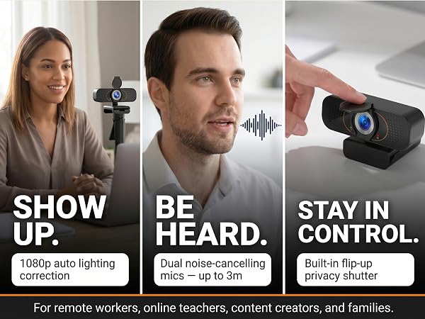 "professional webcam" / "clear audio" / "privacy webcam" / "webcam remote workers"