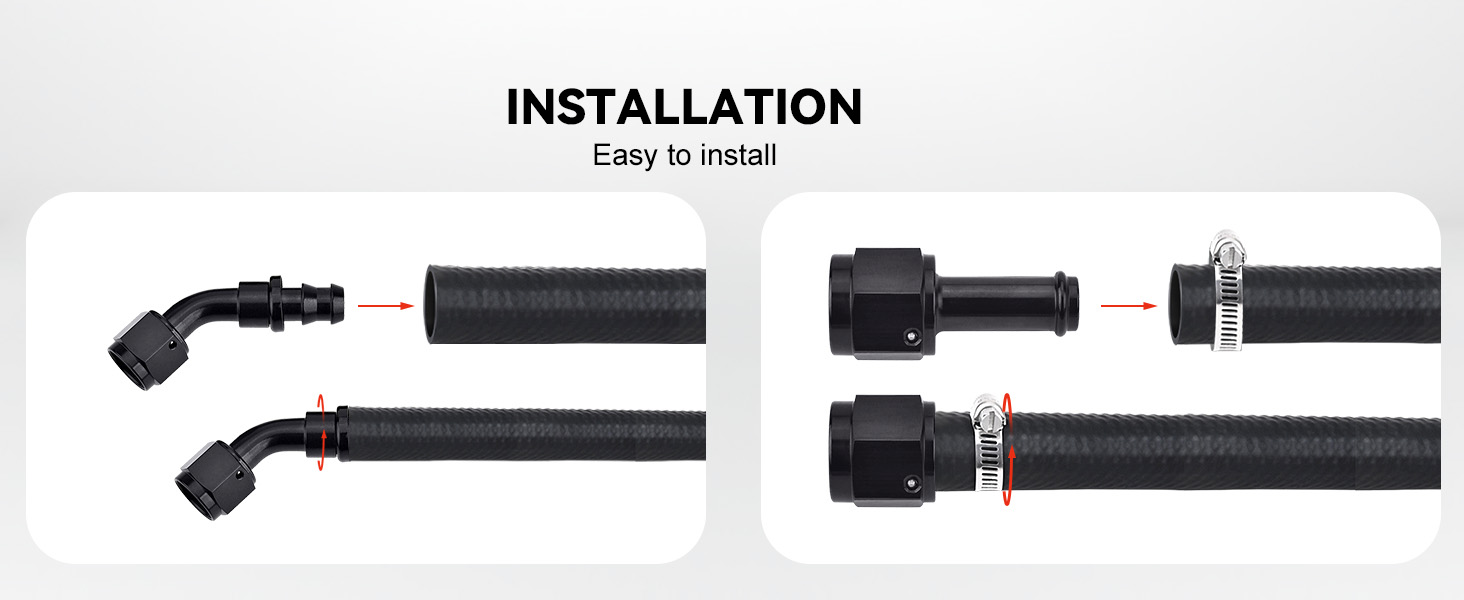 Demonstration of hose installed on an AN6 push-lock fitting and a standard barb with a hose clamp