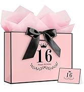 JMANNI 16th Birthday Gift Bag, Pink with Black Satin Bow & Crown Design, Large Happy Birthday Pre...