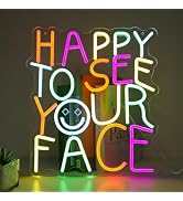 HAPPY TO SEE YOUR FACE" Smiley Neon Sign - Reunion-Ready LED Wall Art with Dimmer (14.2"×12.6")
