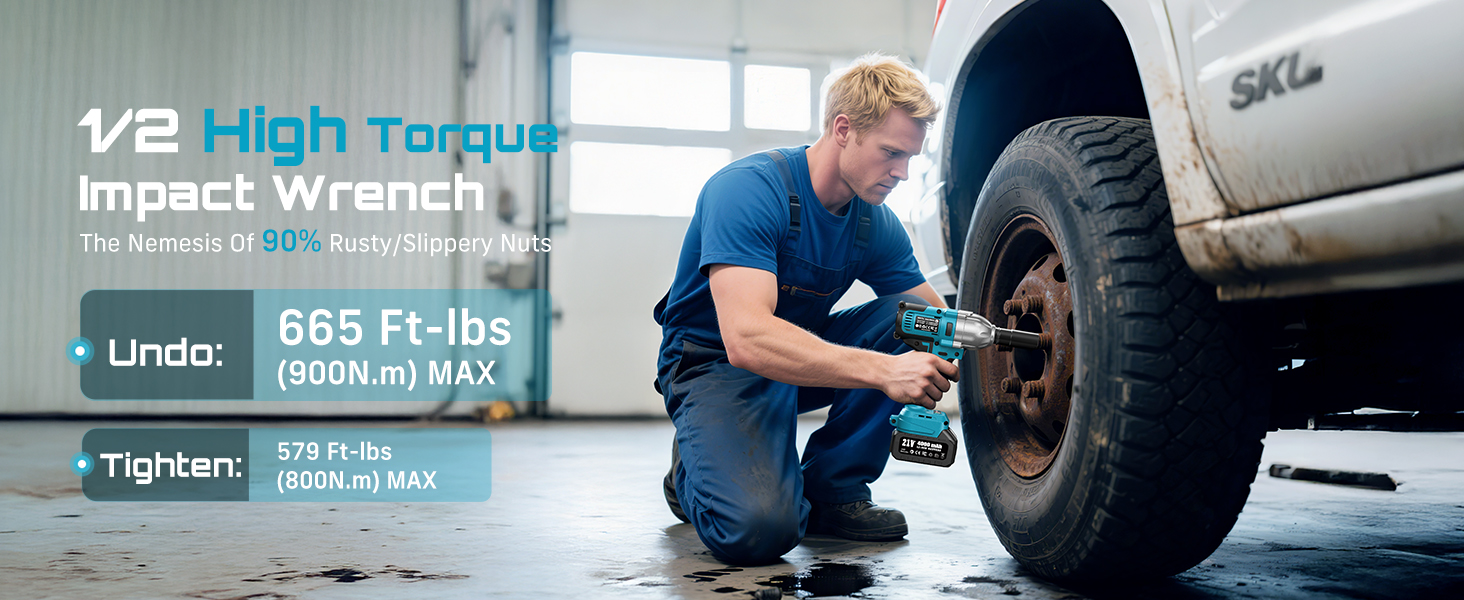 1/2" High Torque Impact Wrench – 900N·m Loosening / 800N·m Tightening. Breaks 90% rusty nuts.