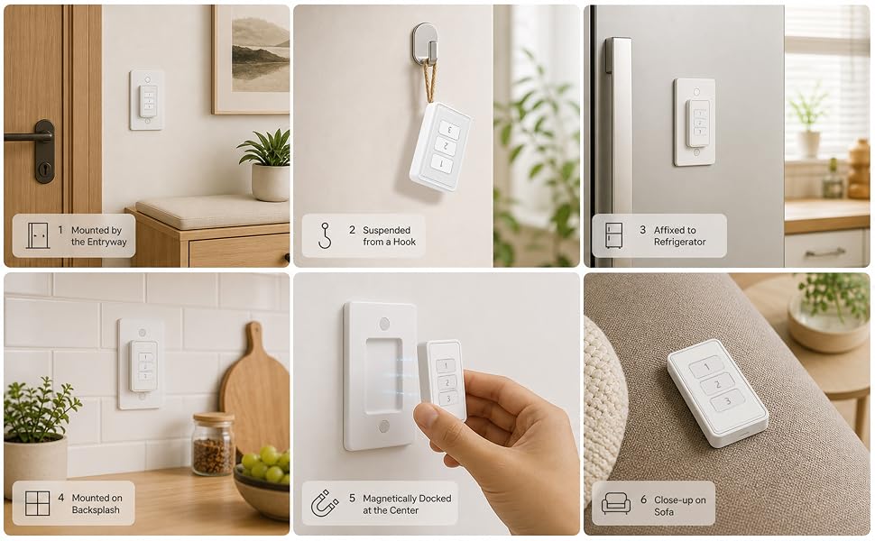 LoraTap remote control with 6 flexible placement options: magnetic, adhesive, hanging