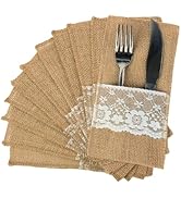 FQTANJU 50 PCS 4"x8" Burlap Lace Utensil Cutlery Holders Pouch Silverware Holder Knifes Forks Bag...