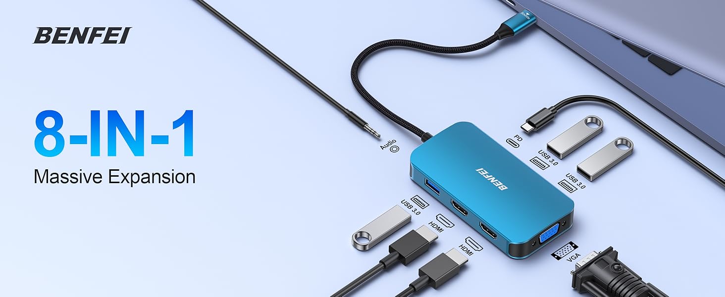 Text reads 'BENFEI' and '8-IN-1' with 'for more atmosphere'. Product appears to be an electronic device with multiple connection ports.