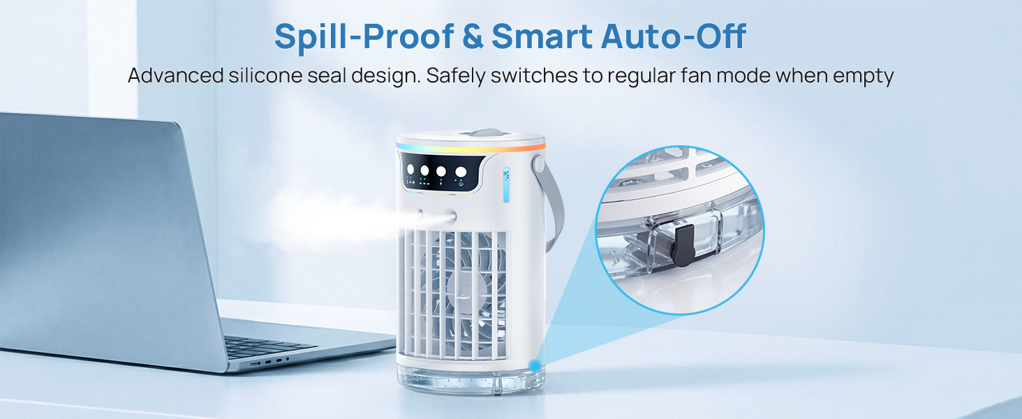 Spill-proof tabletop ac unit with silicone seal and smart auto-off when empty