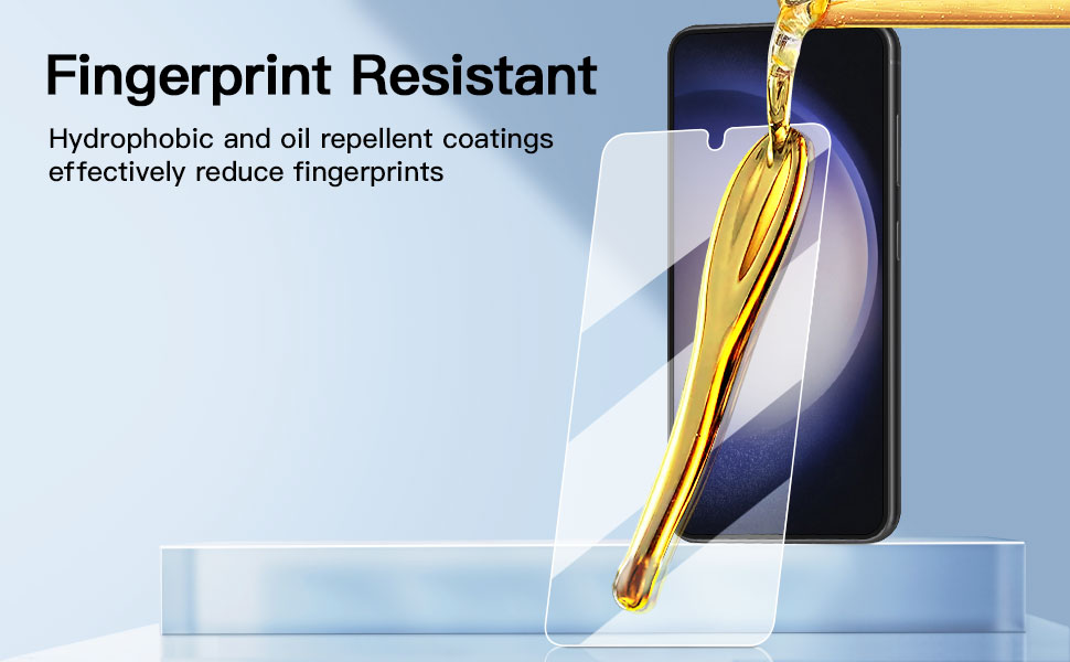 Smartphone screen protector demonstration. Yellow liquid beading on surface, illustrating hydrophobic and oil-repellent properties for fingerprint resistance.