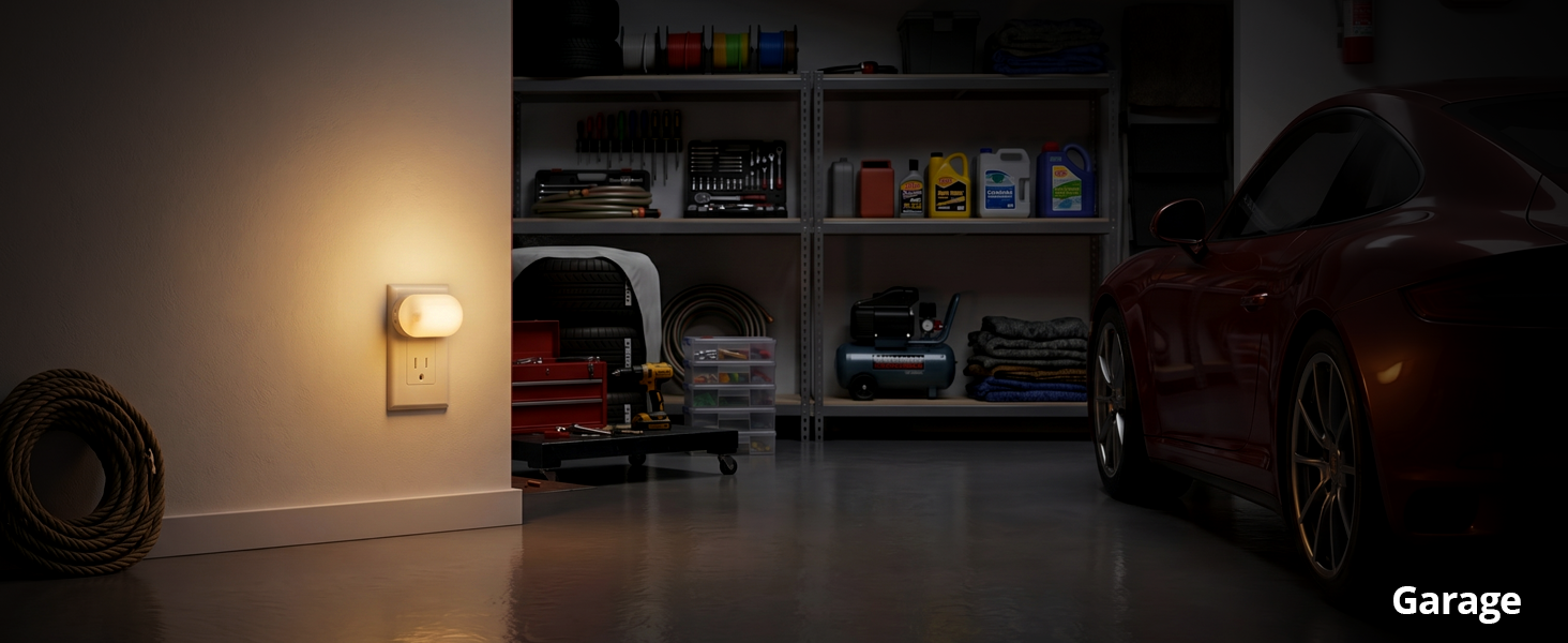 Ultra-bright 120LM plug-in night light for a dark garage.