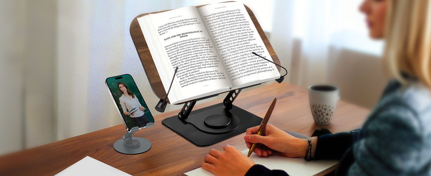 People studying or reading at desks with books and documents, shown in a warm indoor setting from multiple angles