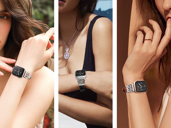 Three images of a square-faced watch with a mesh metal band, worn on wrists in different poses. The watch face appears dark with a minimalist design.