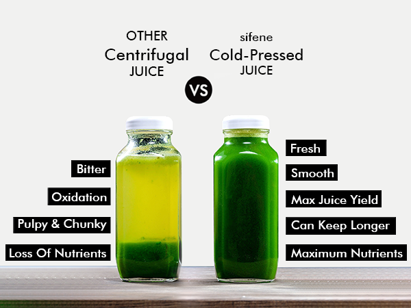 Cold press juicer vs centrifugal juicer comparison showing max juice yield and no oxidation.
