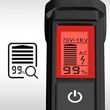 Digital measurement device with red LCD display showing voltage range 70V-1KV and percentage, featuring a power button and AC symbol.