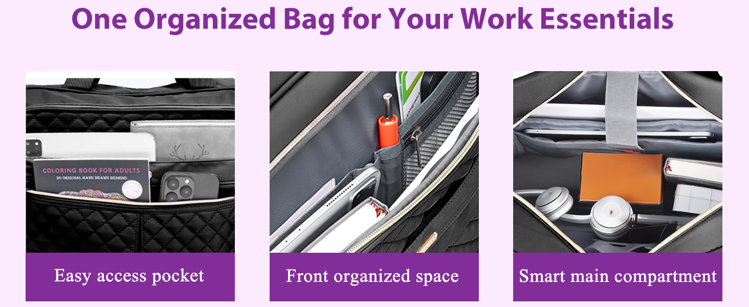 Text reads 'One Organized Bag for Your Work Essentials', 'Easy access pocket', 'Front organized space'. Product demonstration showing compartments of work bag.