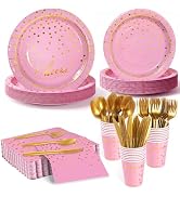 Disposable Pink Paper Plates Mother's Day Party Supplies for 24 Guests, 168 Pcs Party Plates, Cup...
