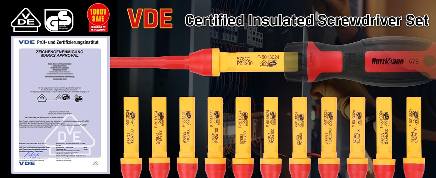 HURRICANE VDE & GS Certified 1000V Insulated Electrician Screwdriver Set