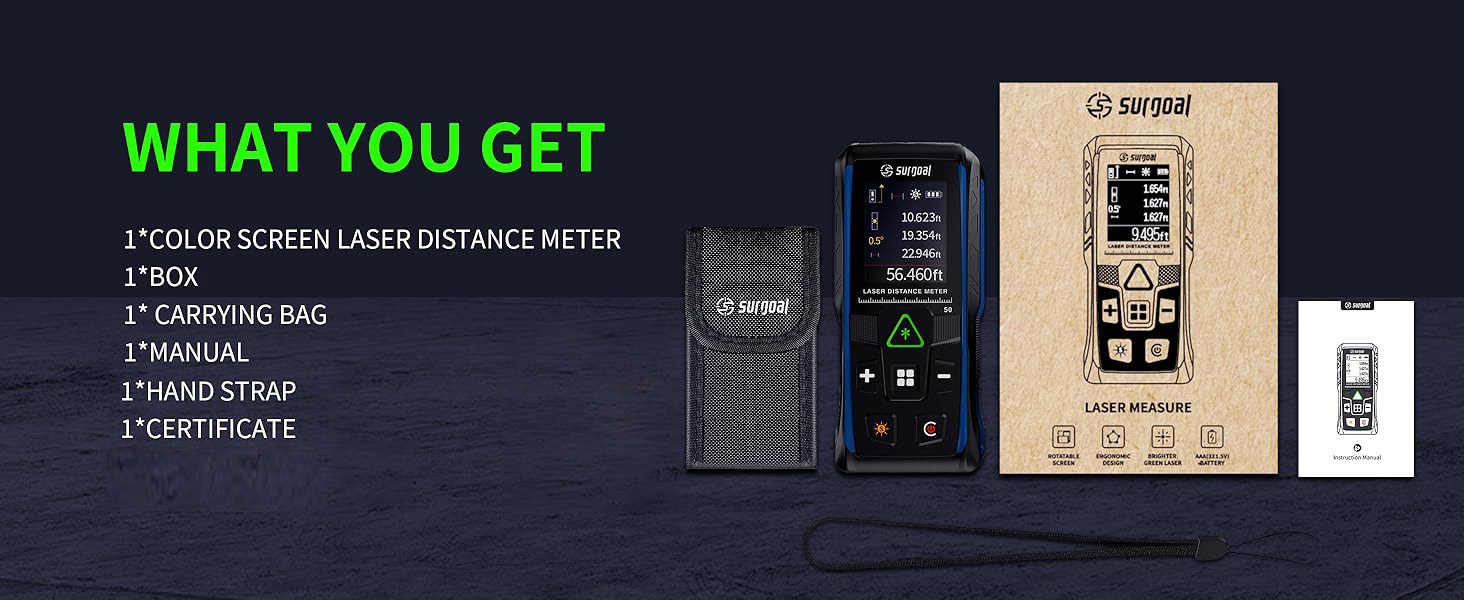 what you get? laser meters,carrying bag, manual, batteries, hand strap,certificate and box.