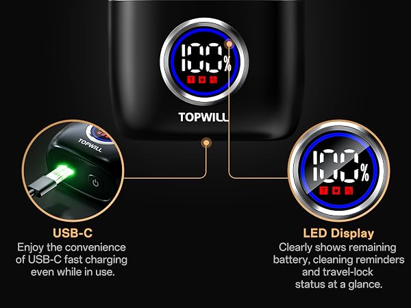 LED Display Clearly shows remaining battery, cleaning reminders, and travel-lock status at a glance