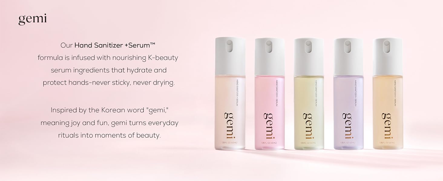 gemi hand sanitizer + serum is infused with nourishing k-beauty serum to hydrate and protect hands