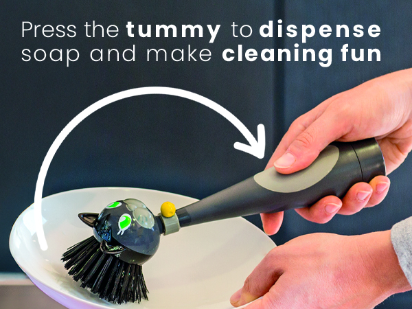 Built-in soap dispenser just press the cat's belly.