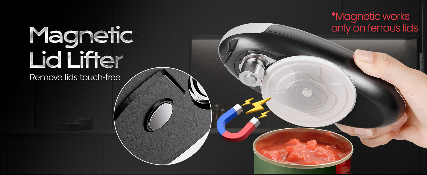 Text reads 'Magnetic Lid Lifter', 'Remove Lids Touch-free', 'Magnetic works only on ferrous lids'. Hand demonstrating black magnetic lid lifting device above clear plastic food container with red contents and black separator disk.