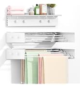BAKON Wall Mounted Drying Rack with 4 Hooks and Shelf, Foldable Clothes Drying Rack for Laundry R...