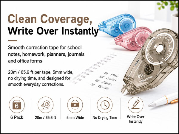 Dry correction tape for school and office, 6 pack white tape with 20m length and 90° rotating tip.