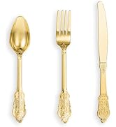 N9R 120PCS Gold Plastic Silverware, Disposable Silverware Include 40 Forks, 40 Spoons, 40 Knives,...