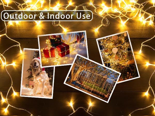 String lights arranged around photo collage on wooden surface. Photos show Christmas scenes including gifts, decorations, and outdoor lighting. Text reads 'Outdoor & Indoor Use'.