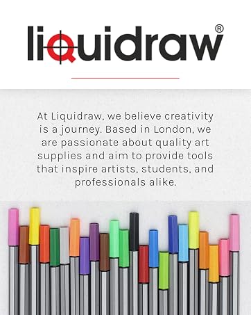 Liquidraw logo above colorful art markers. Text states the company is based in London and provides quality art supplies for artists, students, and professionals.