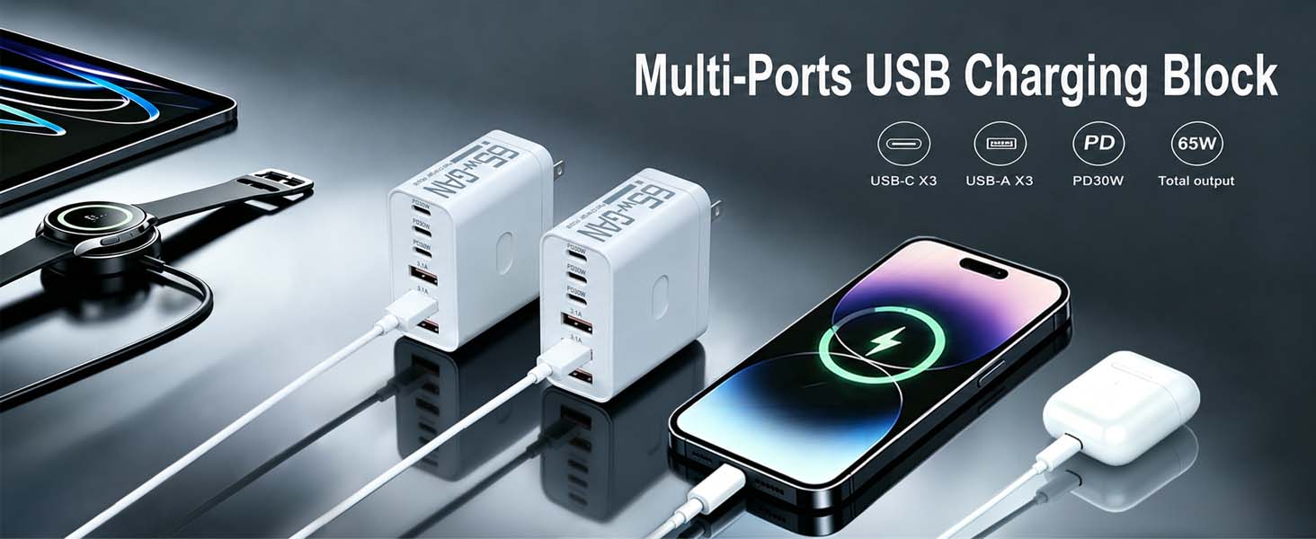 65W 6-Port Type C Charger Fast Charging Block