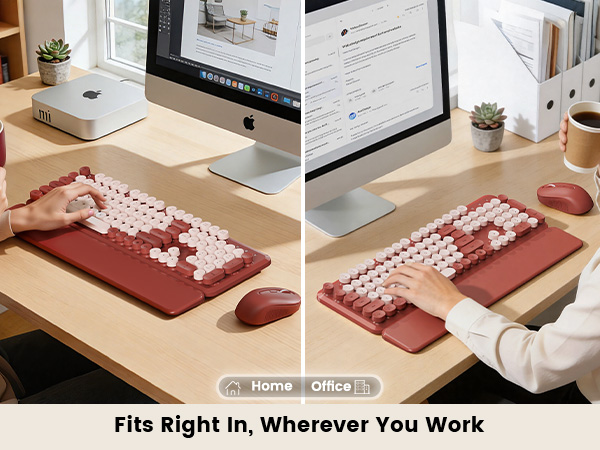 Burgundy retro keyboard and mouse with wrist rest for home or office.
