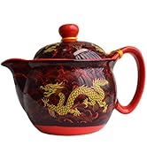 Porcelain Teapot 12oz Chinese Dargon Waves Pattern Stainless Mash Infuser for Loose Tea (Red Wave...