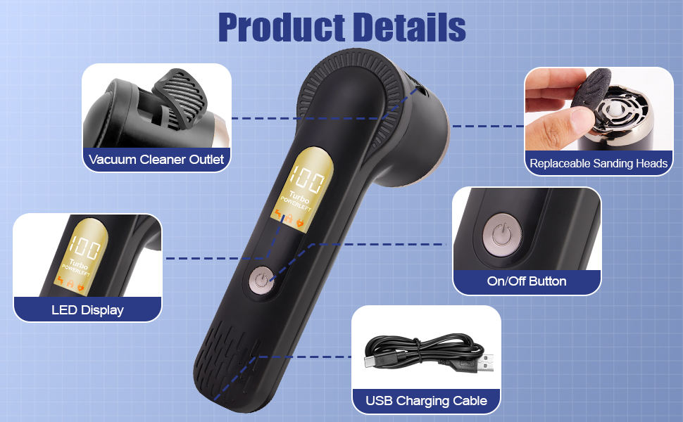 Handheld device with vacuum cleaner outlet, LED display, on/off button, and replaceable suction head. Includes USB charging cable. Product details diagram on blue background.