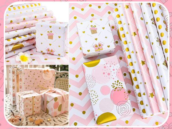 Pink and gold gift wrapping paper collection featuring cupcake patterns, polka dots, and geometric designs. Multiple rolls and wrapped packages shown with metallic gold accents.
