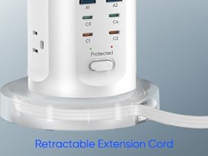 The power strip features a 6ft retractable extension cord.