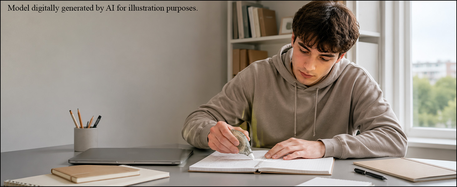 Student at a study desk uses white correction tape on notebook pages for clean edits.